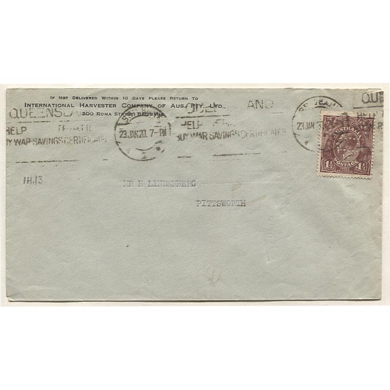 (TY15004) AUSTRALIA · 1920: International Harvester Company envelope used by Brisbane Branch with 1½d red-brown KGV defin franking with an IHC private perfin · excellent condition