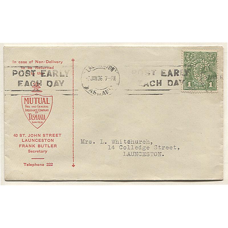 (TY15013) TASMANIA · 1936: Mutual Fire & General Insurance envelope · local use with 1d green KGV franking with RI Co perfin · flap tear o/wise in fine condition