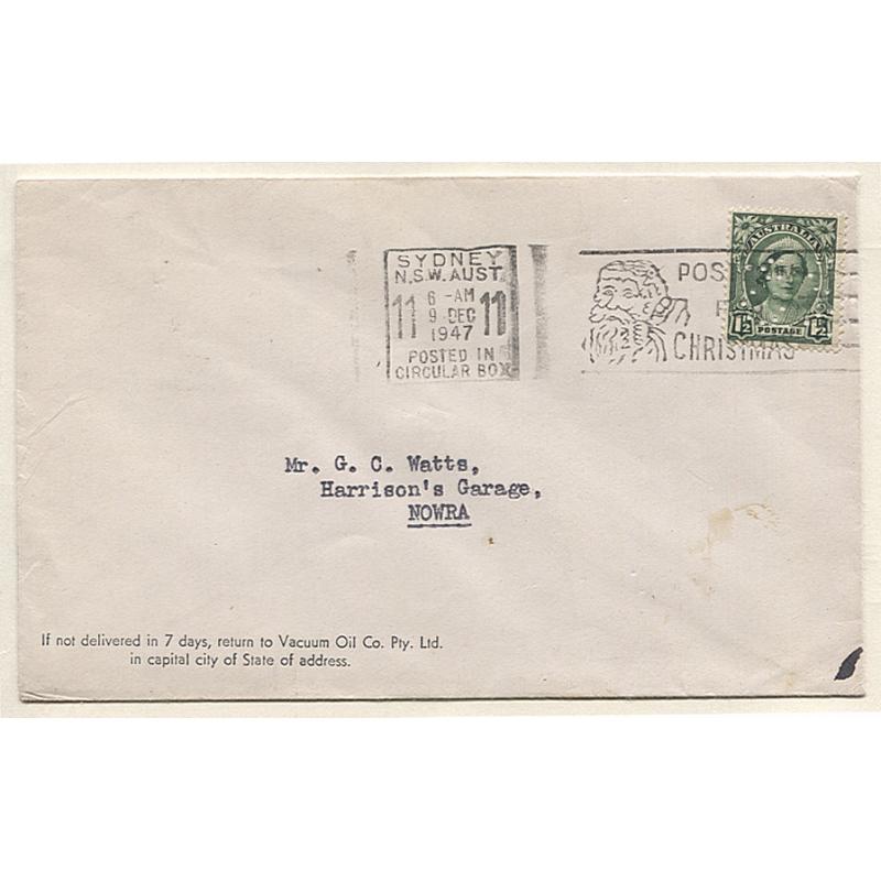 (TY15016) AUSTRALIA · 1947: commercial cover to Nowra mailed from VACUUM OIL CO office at Sydney · single 1½d QE defin franking bears a VO Co private perfin · excellent condition