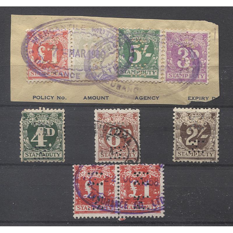 (TY15021) NEW SOUTH WALES · small and mostly different assembly of MM perfins used by Mercantile Mutual Insurance of Numeral Stamp Duties to £5 (5 items · 9 stamps)
