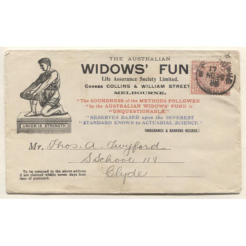 (TY15024) VICTORIA · c.1900: illustrated THE AUSTRALIAN WIDOW'S FUND advertising envelope bearing single ½d QV franking with the AWF private perfin · flap has minor tear o/wise in fine condition
