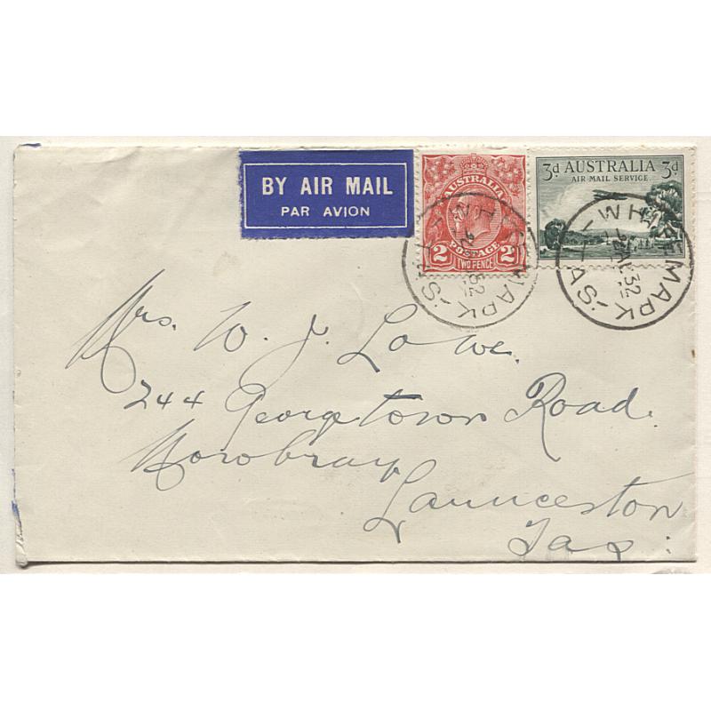 (TY15028) TASMANIA · 1932: small cover carried on one of the twice-weekly flights between WHITEMARK and LAUNCESTON · some minor faults however the overall condition is excellent