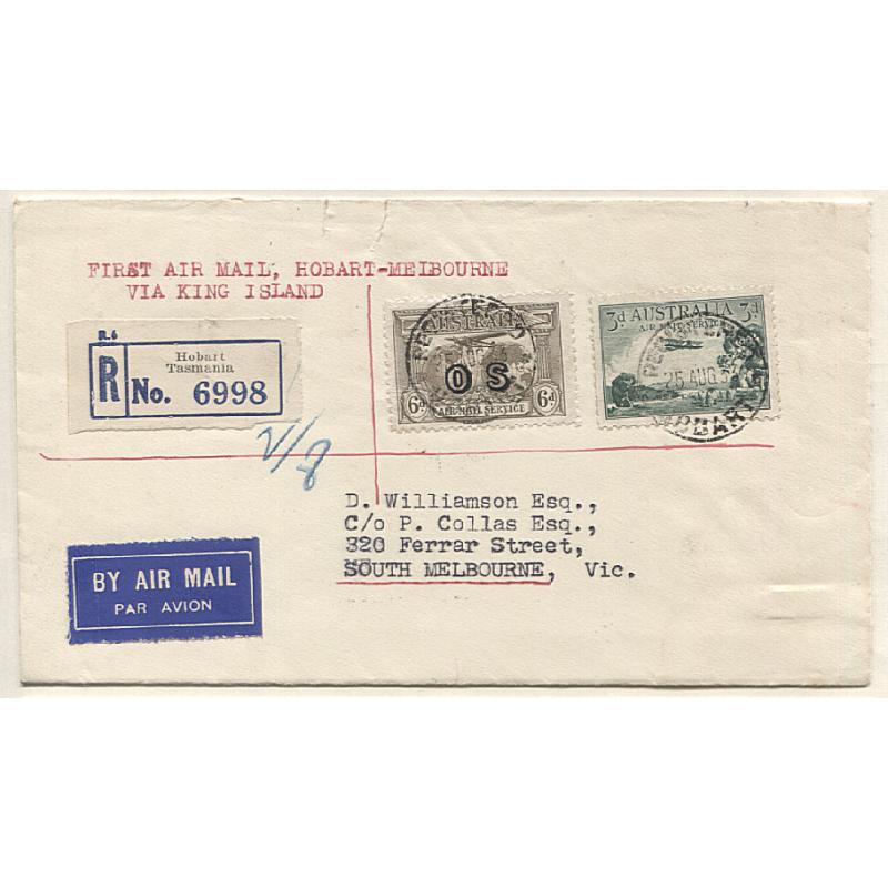 (TY15032) AUSTRALIA · 1933: registered cover carried on first air mail flight by Tasmanian Aerial Services Launceston/Melbourne via Flinders Island AAMC #329 · see full description · c.v. AU$150