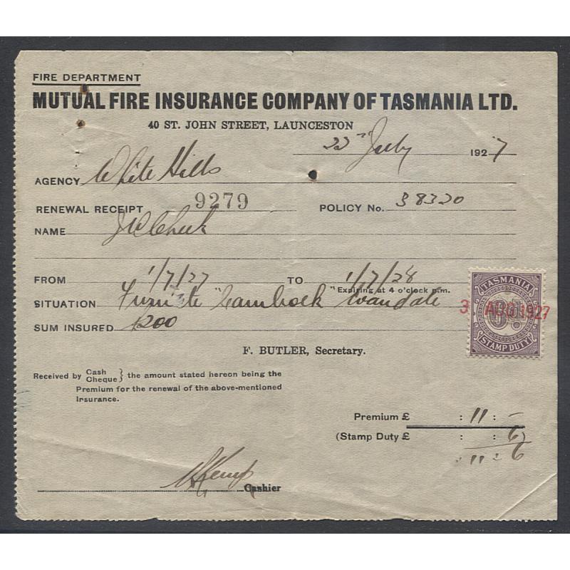 (TY15035L) TASMANIA · 1927: 6d violet Numeral S/Duty (security underprint) Craig 7.110 · RI Co private perfin tied to Mutual Fire Insurance Company receipt · filing hole o/wise in nice condition · rarely seen 'on document'