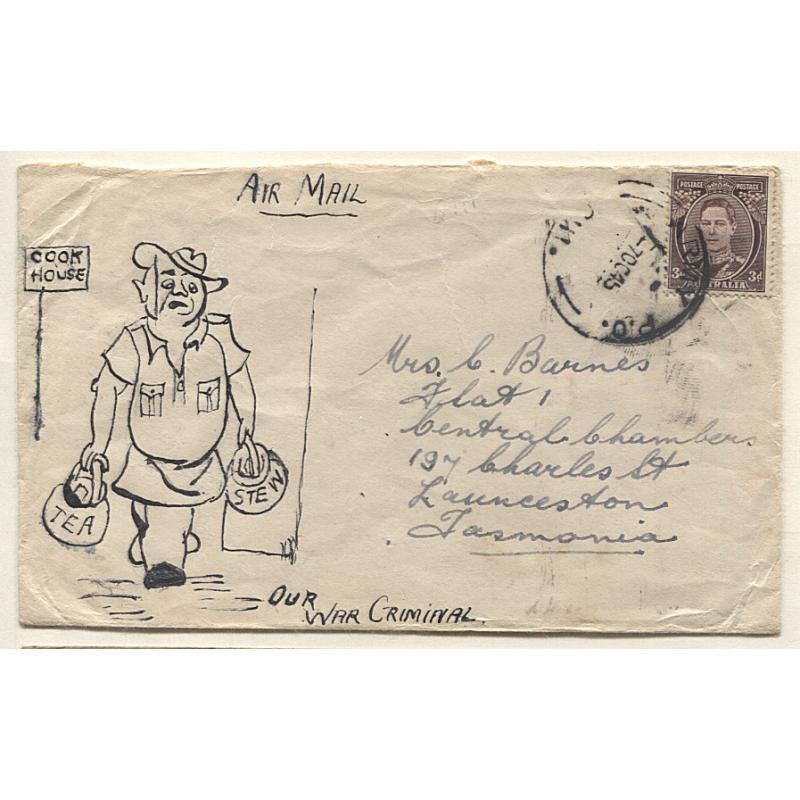 (TY15045) AUSTRALIA · 1945: concessional air mail rate cover to Tasmania · humorously hand-illustrated · Army P.O. 0111 was at Port Moresby at this time · excellent condition