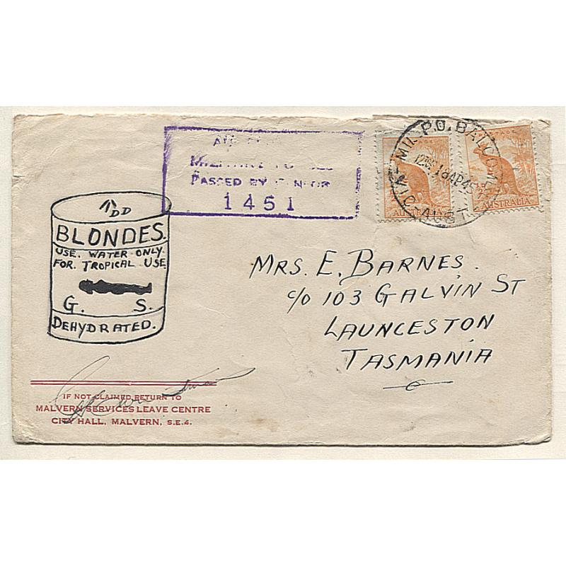 (TY15047) AUSTRALIA · VICTORIA 1945: humorously illustrated envelope censored and mailed to TAS from the MIL. P.O. BALCOMBE on the Mornington Peninsula · see full description