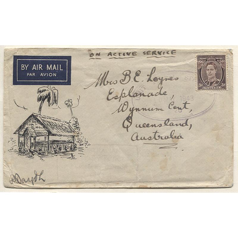 (TY15048) AUSTRALIA · 1943: censored hand illustrated "On Active Service" air mail cover addressed to QLD · excellent condition overall