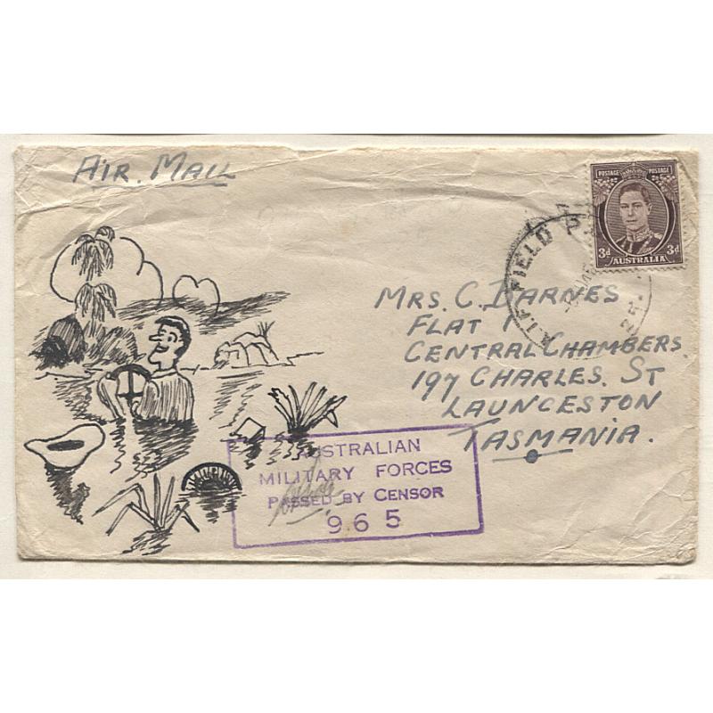 (TY15050) AUSTRALIA · 1945: censored concessional air mail rate cover to Tasmania · humorously hand-illustrated · postmark not discernible (see full description) · excellent condition