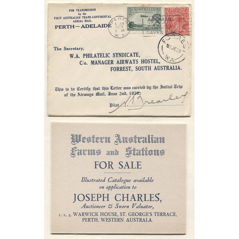 (TY15053) AUSTRALIA · 1929: W.A. Philatelic Syndicate souvenir cover carried Perth to Forrest on the 1st Perth/Adelaide air mail flight AAMC #137a · signed by pilot · nice condition with "stiffening" included