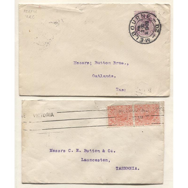 (TY15061) VICTORIA · 1906/09: small commercial cover mailed by Robert Reid & Co., Melbourne to Tasmanian addresses · all stamps bear a RRC private perfin · mixed condition but both items 'present well' from the front (2)