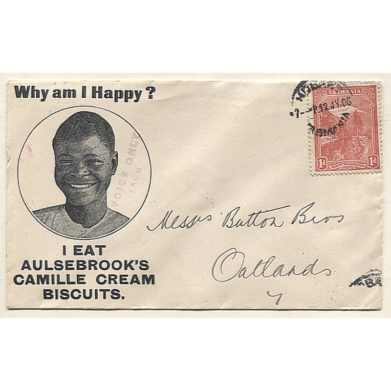 (TY15062) TASMANIA · 1906: advertising envelope for AULSEBROOK'S CAMILLE CREAM BISCUITS mailed Hobart/Oatlands at the commercial papers rate · lightly stamped INVOICE ONLY