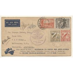 (TY15107) AUSTRALIA · 1934: "Boomerang Cover" carried on 1st Official Air Mail Flight to New Guinea (and return) AAMC #395 · Victorian Centenary poster stamp on verso · signed by all pilots · very nice condition