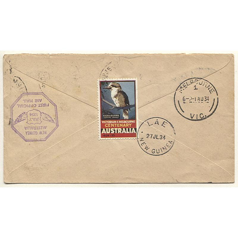 (TY15107) AUSTRALIA · 1934: "Boomerang Cover" carried on 1st Official Air Mail Flight to New Guinea (and return) AAMC #395 · Victorian Centenary poster stamp on verso · signed by all pilots · very nice condition