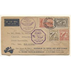 (TY15108) AUSTRALIA · 1934: "Boomerang Cover" carried on 1st Official Air Mail Flight to New Guinea (and return) AAMC #395 · Victorian Centenary poster stamp on verso