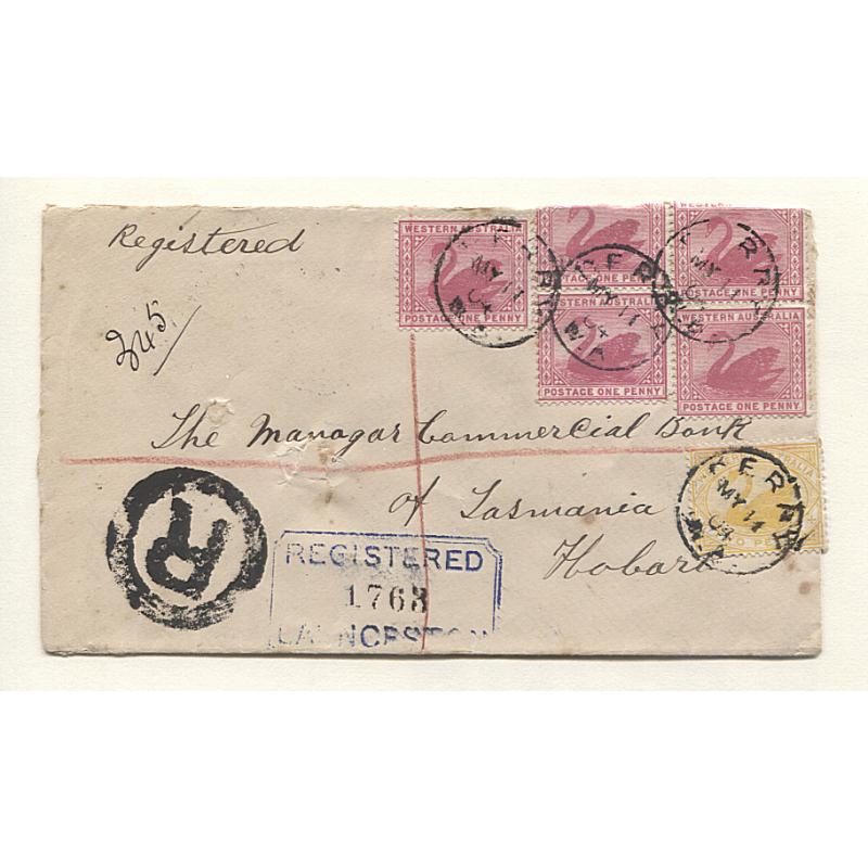 (TY15110) WESTERN AUSTRALIA · 1904: registered cover mailed to a TATTERSALL alias address at Hobart from DERBY · transit via PERTH and LAUNCESTON · usual spike-hole o/wise in excellent condition (2 images)