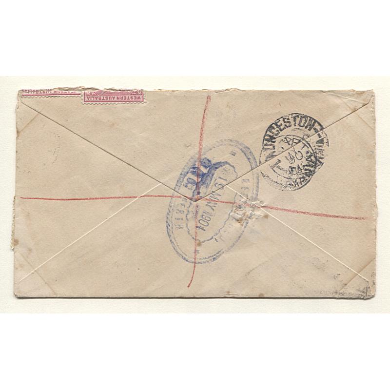 (TY15110) WESTERN AUSTRALIA · 1904: registered cover mailed to a TATTERSALL alias address at Hobart from DERBY · transit via PERTH and LAUNCESTON · usual spike-hole o/wise in excellent condition (2 images)