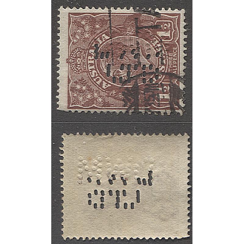 (TY15113) AUSTRALIA · used 1½d red-brown KGV defin with a 'doubled' DWM LTD private perfin used by D.W. Murray Ltd · excellent condition