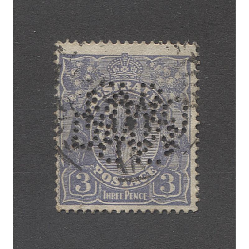 (TY15115) AUSTRALIA · used 3d blue KGV defin with two DWM LTD private perfin used by D.W. Murray Ltd · one is upright, the other inverted · interesting oddity!
