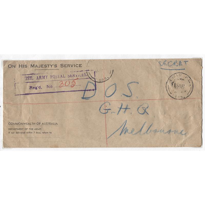 (TY15118L) TASMANIA · 1942: registered OHMS envelope endorsed "SECRET" mailed from BRIGHTON CAMP to G.H.Q. Melbourne · strikes of Type M4 cds front/reverse (rated R) + nice example of BASE P.O. 6MD 016 Type M4(ii) cds rated 5R (3 images)