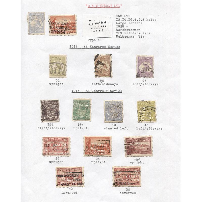 (TY15119L) AUSTRALIA · two album pages housing with mounted selection of mostly Type 3 and 4 DWM Ltd private perfins on a mainly defin range in a mixed condition · 25 stamps (2 images)