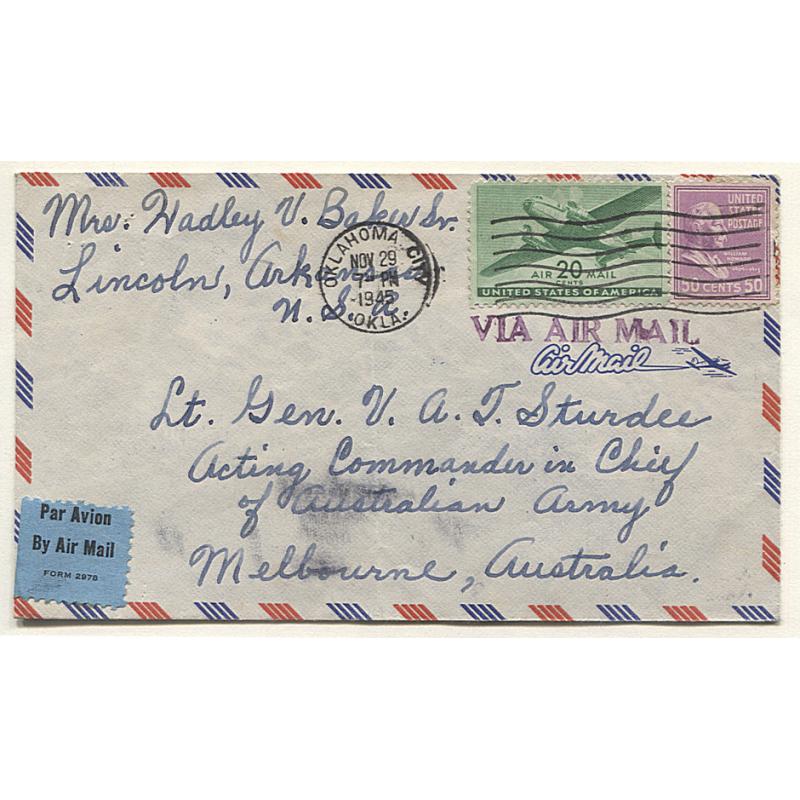 (TY15120) UNITED STATES · 1945: airmail cover addressed to "Lt. Gen. V.A.H, Sturdee · Acting Commander in Chief of Australian Army, Melbourne" · very light vertical bend barely visible o/wise in excellent condition