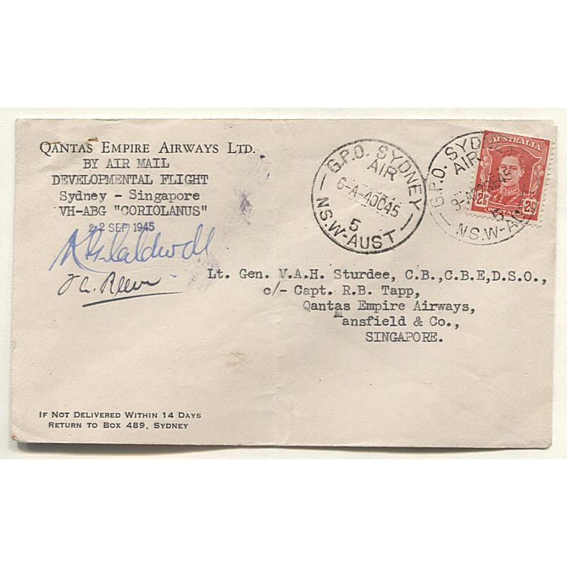 (TY15121) AUSTRALIA · 1945 (Oct 2nd): cover to Singapore carried on the first post WWII flight by QANTAS (flying boat "Coriolanus" from Sydney) signed by pilots AAMC #1009) · see full description · c.v. AU$200