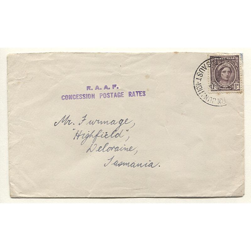 (TY15123) TASMANIA · 1943: partial strike of the R.A.A.F.WESTERN JUNCTION Type 5 cds on cover with Concession Postage h/s · postmark is rated 3R