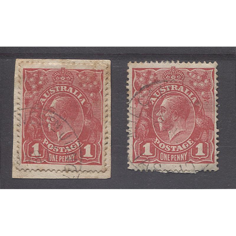 (TY15128) TASMANIA · 1916/17: two light but discernible partial strikes of the WESTERN JUNCTION MILITARY CAMP Type 4 cds on 1d red KGV defins · postmark is rated 4R · $5 STARTER!!