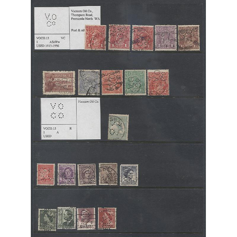 (TY15129L) AUSTRALIA · two Hagners housing a range of VO Co (Vacuum Oil) private perfins mainly on defins to 1/4d · occasional "State" item · mixed condition · approx. 90 stamps (4 images)
