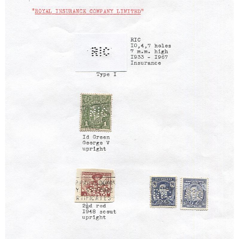 (TY15131L) AUSTRALIA · two album pages housing a selection of 10 different used S/Duties to £5 each with the same RIC (Royal Insurance Co.) private perfin; also 4 Commonwealth issues with the same perfin · 14 stamps (2 images)