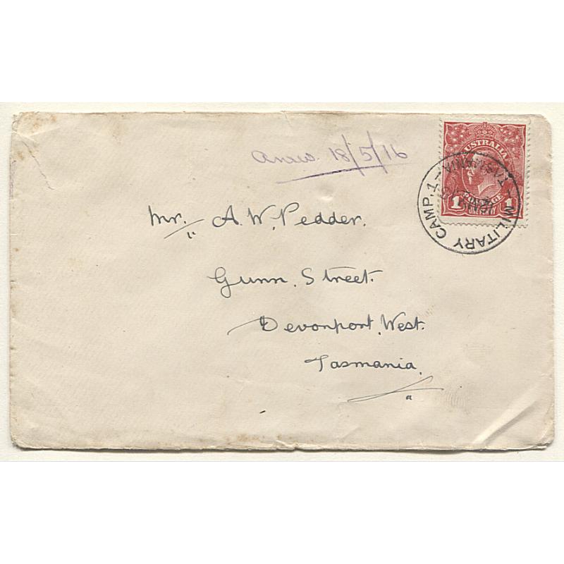 (TY15132) TASMANIA · 1916: small cover mailed at CLAREMONT CAMP with a full clear impression of the Type 2b cds tying single 1d red KGV franking · some imperfections but still very presentable