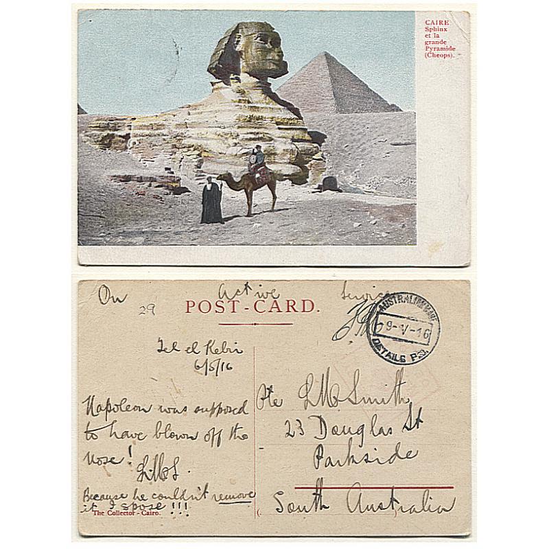 (TY15134) AUSTRALIA · 1916: censored stampless "On Active Service" postcard addressed to South Australia with a view of THE SPHINX and CHEOPS PYRAMID · excellent condition front/back