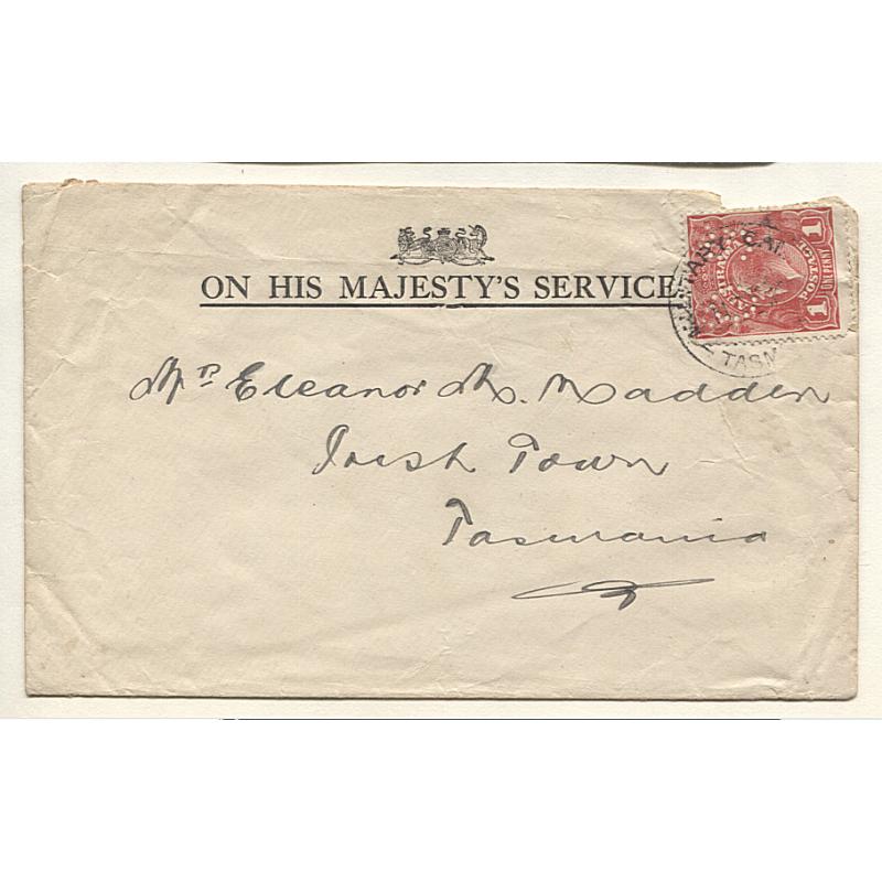 (TY15135) TASMANIA · 1917: OHMS envelope mailed from the Camp Commandant at CLAREMONT bearing 1d red KGV defin franking perf OS · flap missing and some other peripheral wear but still very exhibitable · see largest image