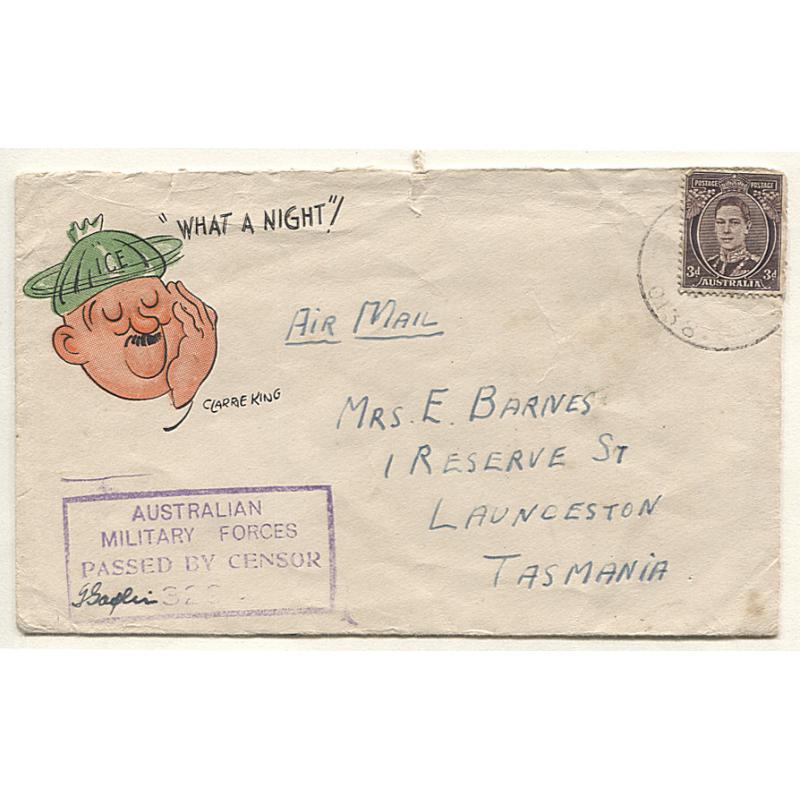 (TY15137) AUSTRALIA · 1940s: "Clarrie King" illustrated envelope captions "WHAT A NIGHT" censored and forwarded by concessional mail to TAS · postmark indistinct · some peripheral wear however the overall condition is excellent