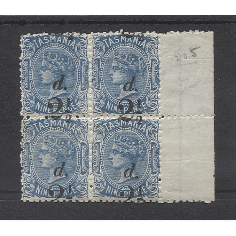 (TY15138) TASMANIA · 1891: marginal block of 4x 2½d on 9d deep blue QV S/face SG 168 with misplaced surcharge · one unit has small tone spot on gum o/wise condition is excellent · total c.v. £48 (2 images)