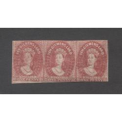 (TY15139) TASMANIA · 1867: mint strip of 3x imperf 1d carmine QV Chalons SG 29 · all stamps have 2 or 3 margins · some gum disturbance but appears to be original · see full description · total c.v. £1050 · offered "as is" (2 images)