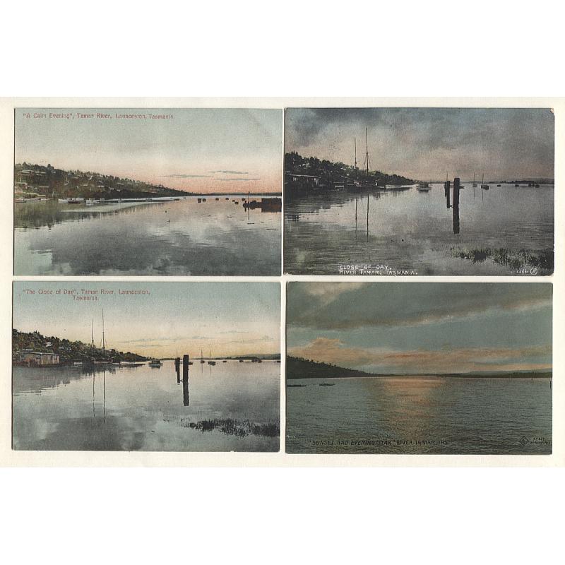 (TY15143) TASMANIA · c.1908: 4 different cards by Valentine, Spurling (447, 448) and The P.P.C. Co. featuring various views of the TAMAR RIVER titled "The Close of Day"A Calm Evening", etc. all in excellent to fine condition (4)