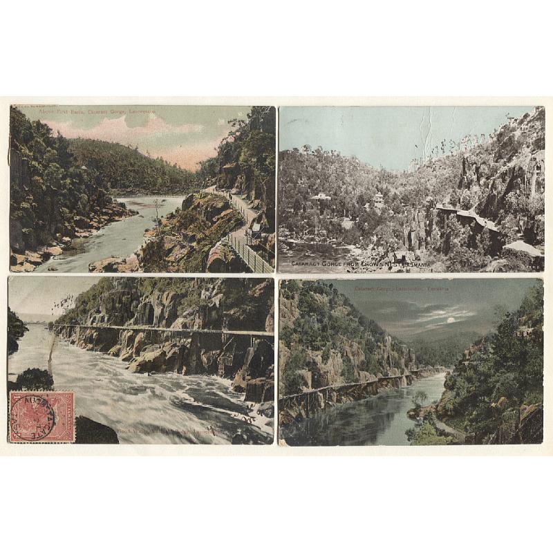 (TY15143) TASMANIA · 1906/09: 4 different cards by Valentine, Spurling (from Series No.6 & 7) et al featuring various views of CATARACT GORGE · all used with possible "postmark interest" - see full description (4)