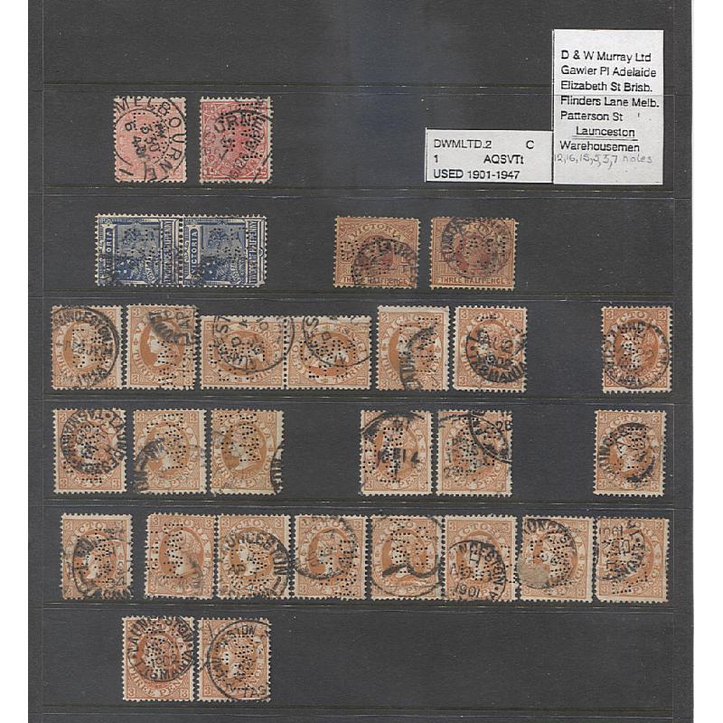 (TY15151L) AUSTRALIA ·TASMANIA · Hagners and album pages housing a duplicated accumulation of DWM Ltd private perfins on used VIC issues to 3d as well as Australian Roos, KGV defins and other issues · mixed condition · approx. 60 stamps (4 images)