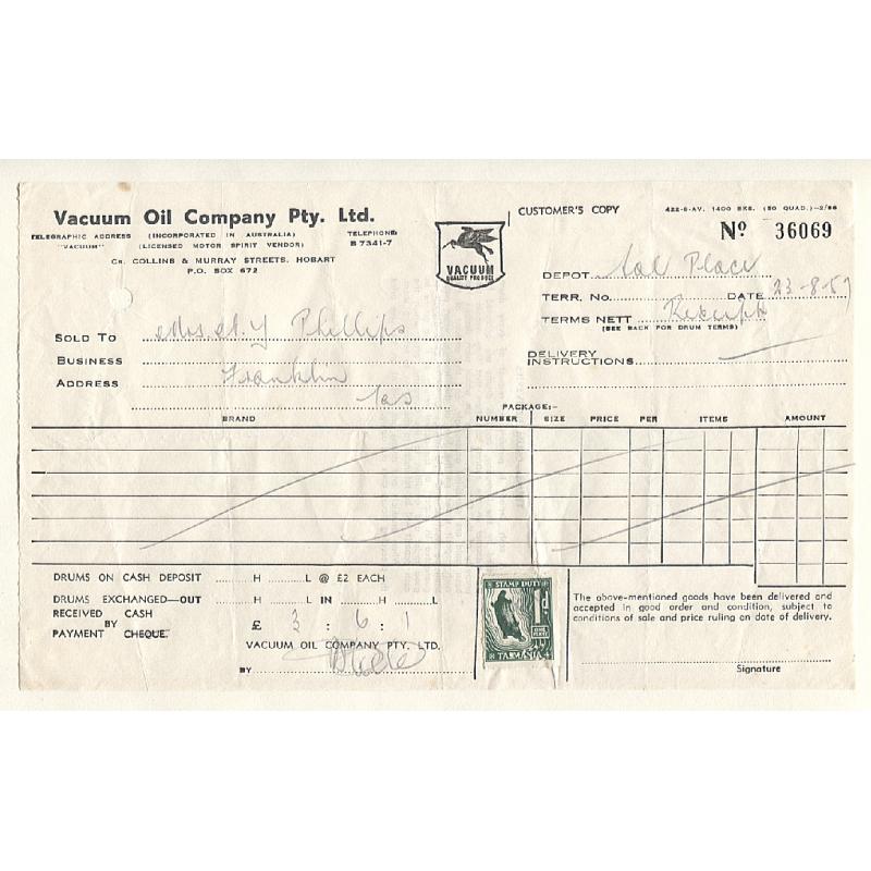 (TY15152L) TASMANIA · 1957: Vacuum Oil Company Pty. Ltd. receipts bearing 1d and 2d Platypus S/Duties respectively both with VOCo private perfin used at the Hobart office (2 images)