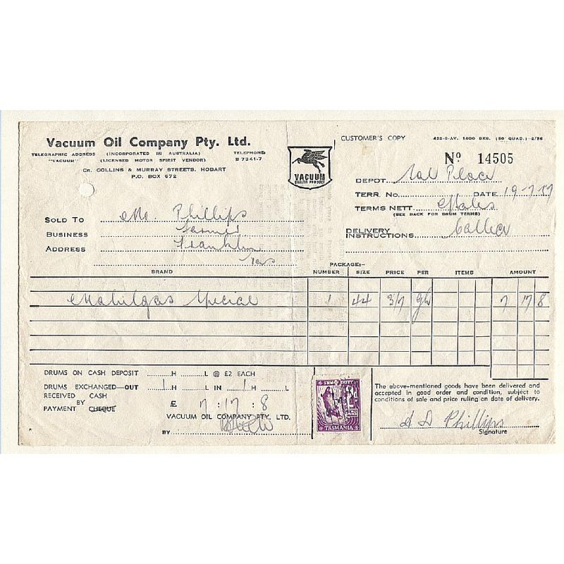 (TY15152L) TASMANIA · 1957: Vacuum Oil Company Pty. Ltd. receipts bearing 1d and 2d Platypus S/Duties respectively both with VOCo private perfin used at the Hobart office (2 images)