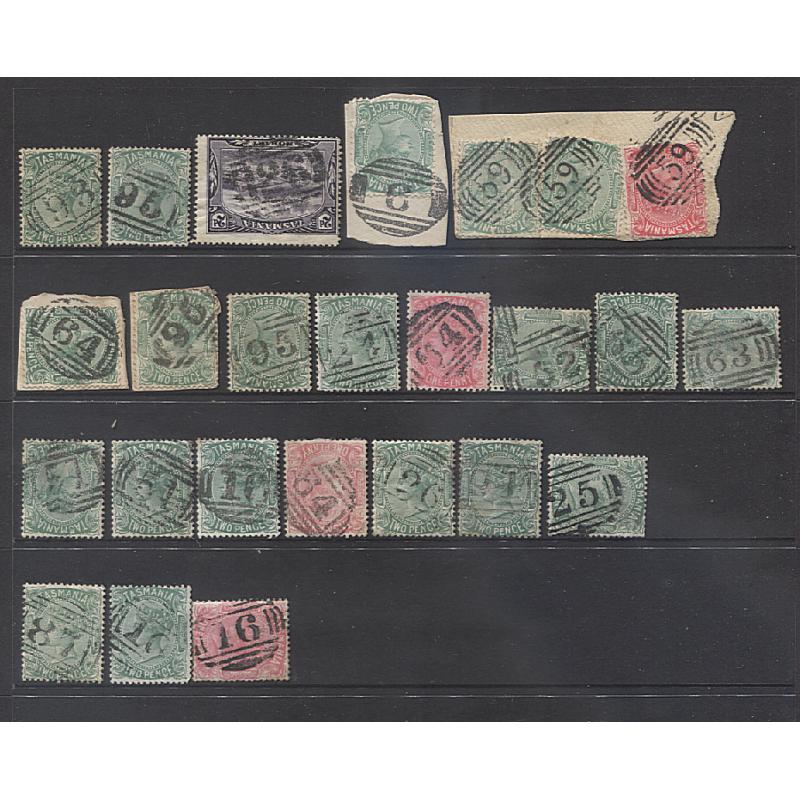(TY15153L) TASMANIA · 8 Hagners housing a lightly duplicated selection of BARRED NUMERAL postmarks (including some 'rated') mostly on QV S/face issues plus some Pictorials · generally clear discernible strikes (8 images)