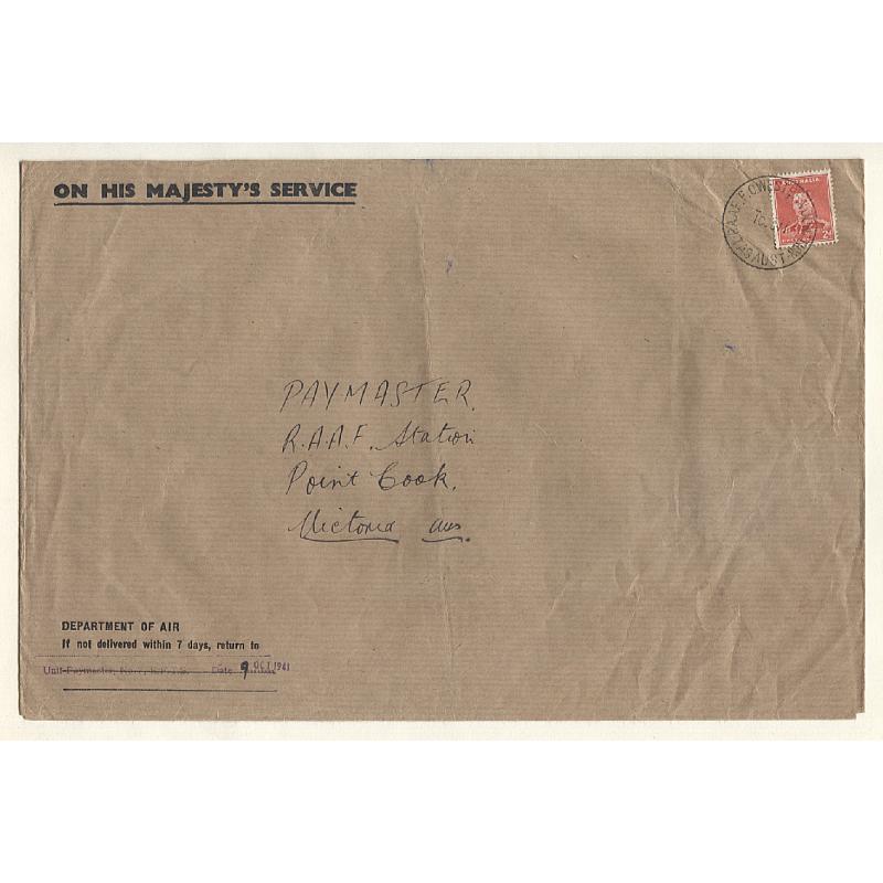 (TY15154L) TASMANIA · 1941: large OHMS envelope used by Dept. of Air with 2d KGVI franking tied by a full clear strike of the RAAF P.O. WESTERN JUNCTION Type 5 cds which is rated 3R · Hardinge states "complete strikes are elusive"