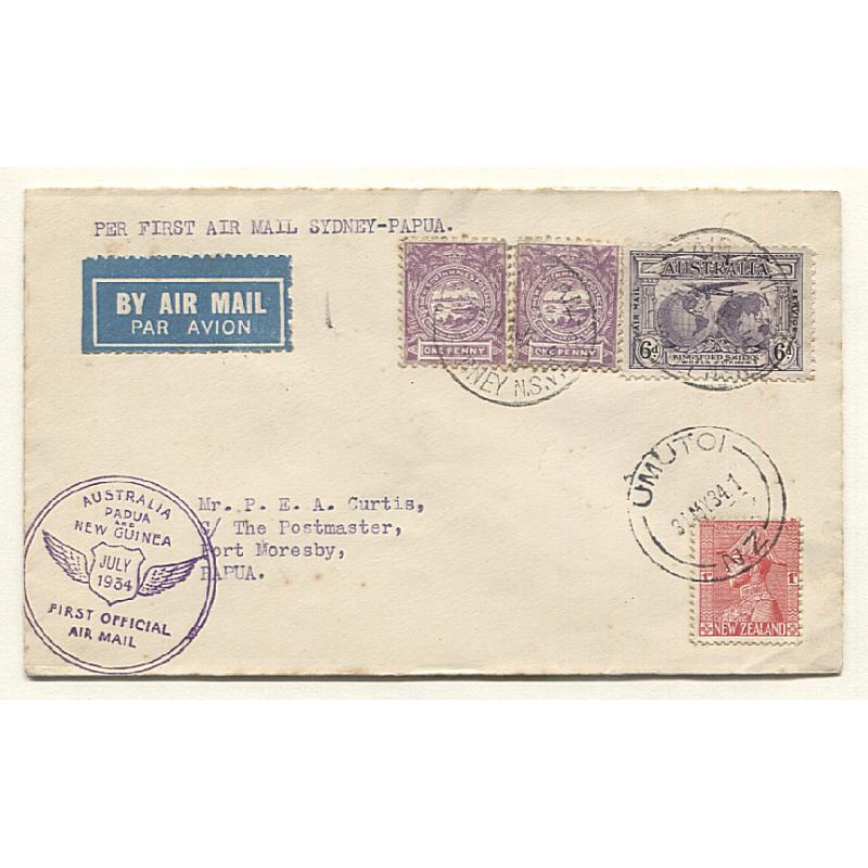 (TY15161) AUSTRALIA · 1934: cacheted cover mailed from NZ and then carried on first air mail flight Sydney/Port Moresby AAMC #390 · any imperfections quite minor · c.v. AU$40 for "regular"