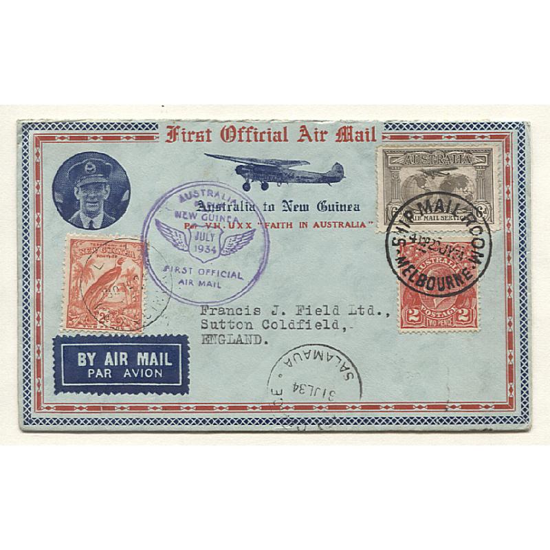 (TY15164) AUSTRALIA · 1934: attractive cacheted souvenir cover carried on the first official airmail flight from Australia to New Guinea · onforwarded to G.B. from Lae with a 2d Bird of Paradise paying additional rate · nice condition
