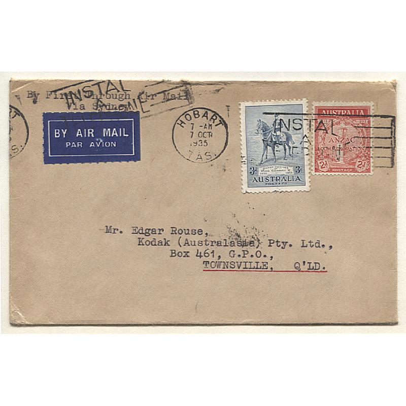(TY15170) AUSTRALIA · 1935 (Oct 7th): cover carried by Holymans Airways from Hobart and then Melbourne/Sydney on their first air mail flight AAMC #536 · onforwarded to Townsville · nice condition · c.v. AU$40