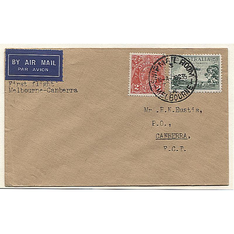 (TY15173) AUSTRALIA · 1935 (Oct 7th): cover carriesd MELBOURNE/CANBERRA on the first air mail flight by Holymans Airways P/L AAMC #537a · arrival b/s · fine condition  · c.v. "from AU$50"
