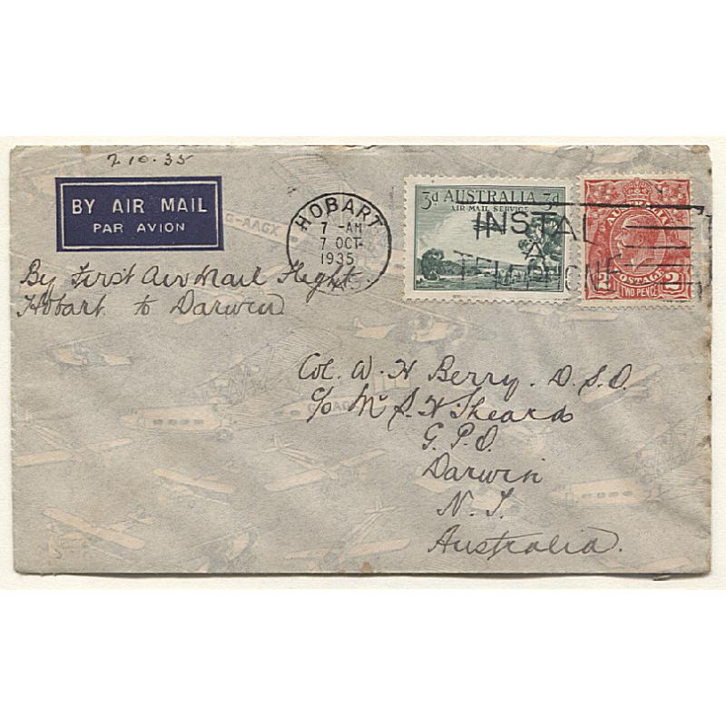 (TY15174) AUSTRALIA · 1935 (Oct 7th): cover carried by Holymans Airways from Hobart and then Melbourne/Sydney on their first air mail flight AAMC #536 · onforwarded to Darwin · excellent condition · c.v. AU$40