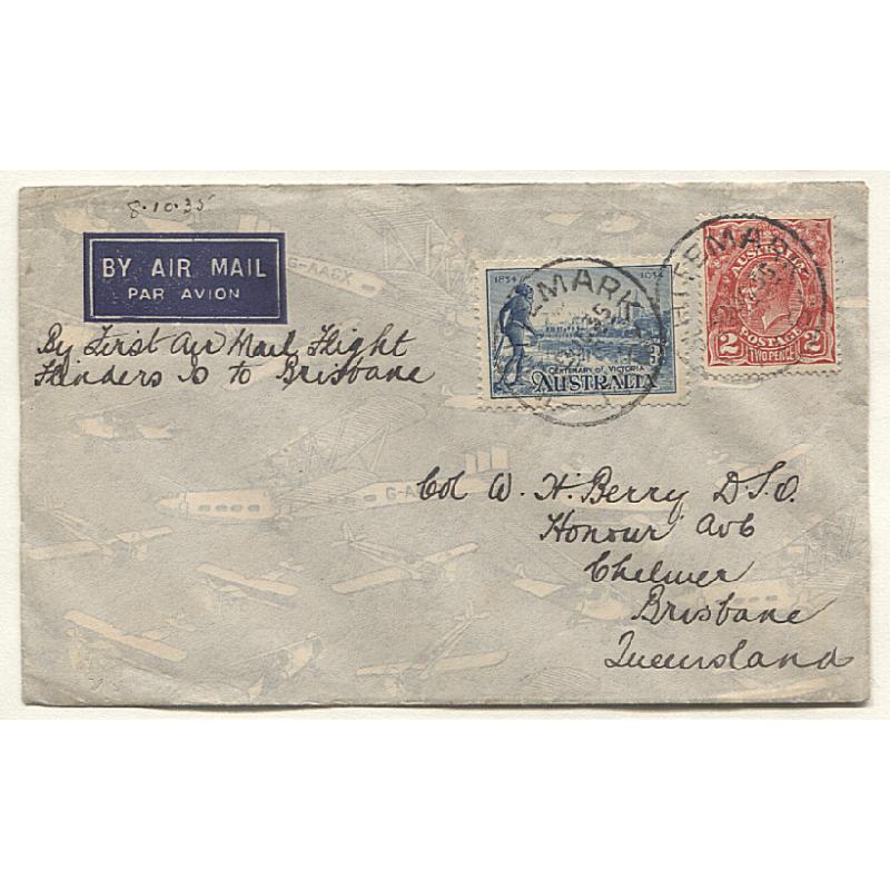 (TY15175) AUSTRALIA · 1935: cover mailed to BRISBANE at FLINDERS IS. · carried on first Melbourne/Sydney air mail flight AAMC #536 and then onforwarded to Brisbane by air the next day · nice condition