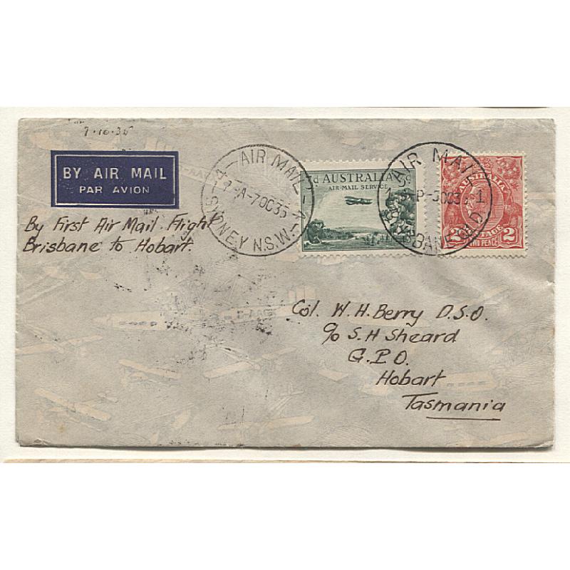 (TY15178) AUSTRALIA · 1935 (Oct 7th): cover carried Sydney/Melbourne by Holymans Airways  and then onforwarded by air to Hobart · fine condition